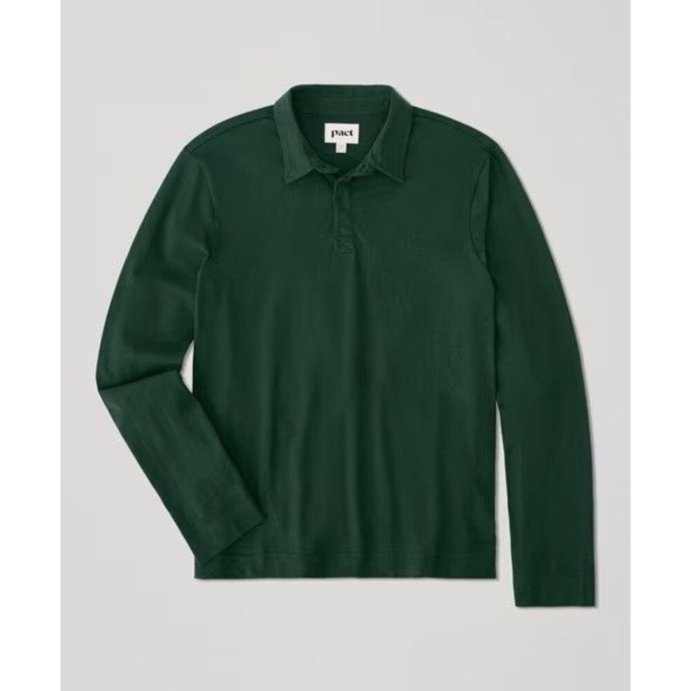 Pact Men's Large Polo Long Sleeve Shirt Organic Cotton Mountain Green Top Casual